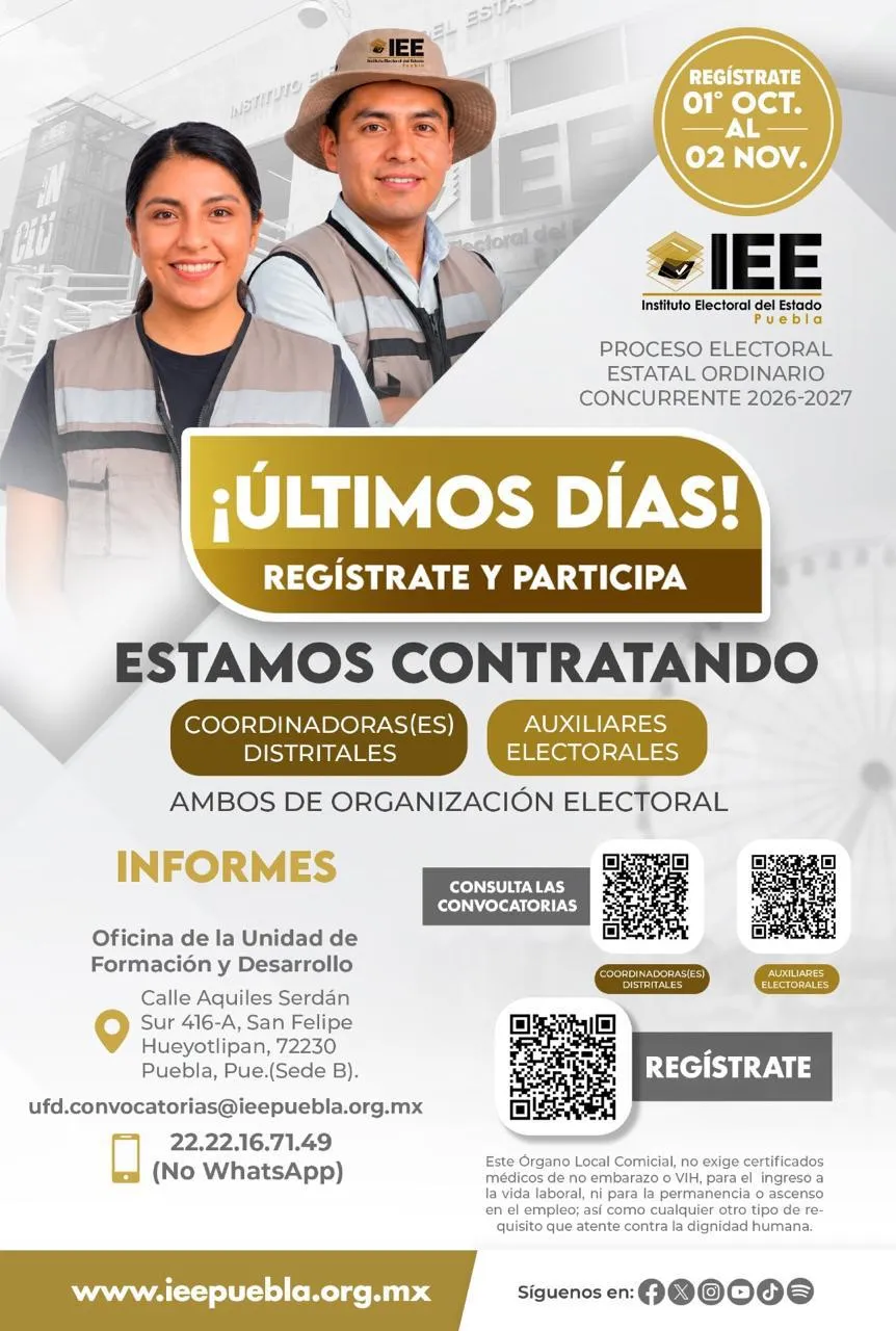 Estamos contratando: Coordinadoras(es) Distritales y Auxiliares Electorales, registro del 01 de octubre al 02 de noviembre